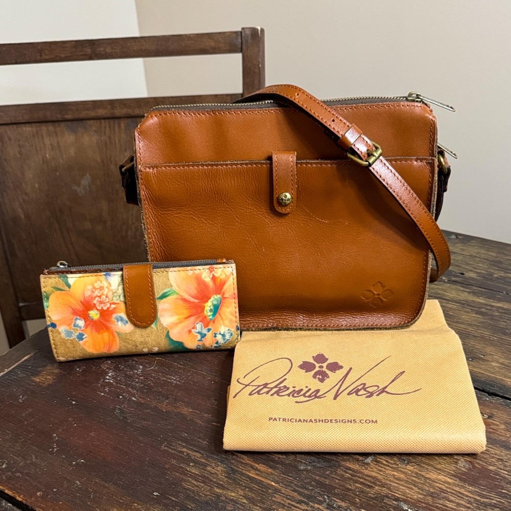 Patricia Nash Cognac Leather Crossbody with Floral Wallet and dustbag